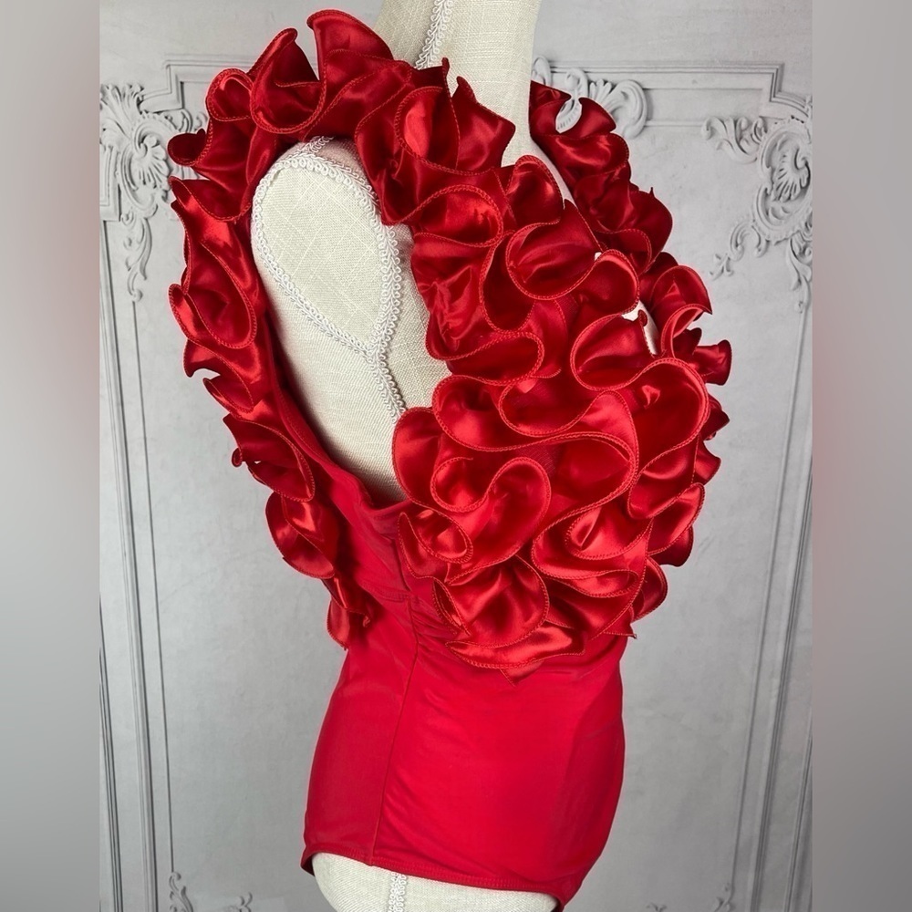 Ruby Red Luxury One Piece Swimsuit Set & Skirt Evening Gown Set - Picture 10 of 12